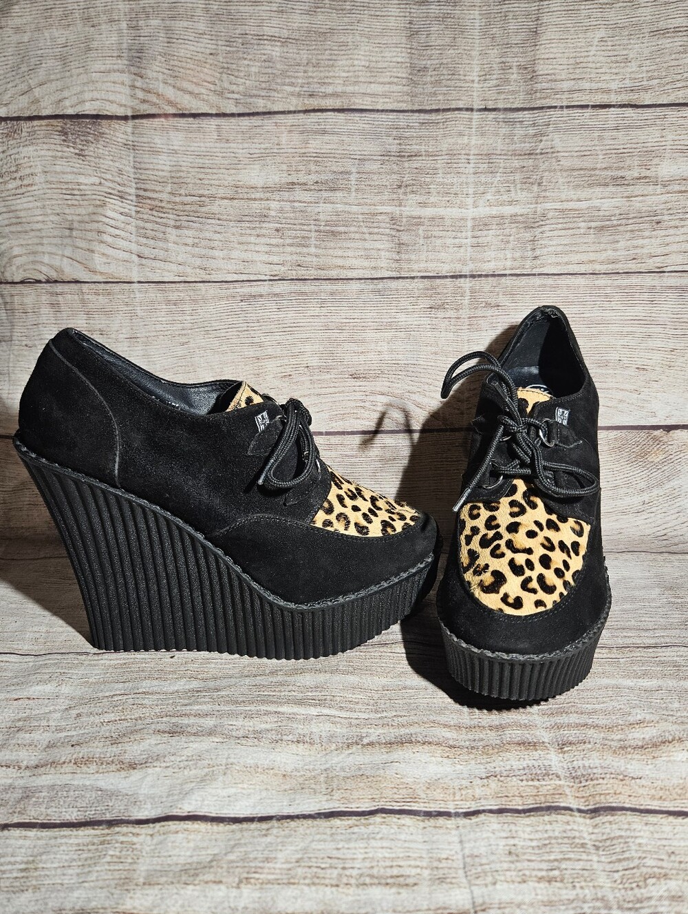 T.U.K Black Leopard Print Leather Suede Platform Wedge Creeper Shoes